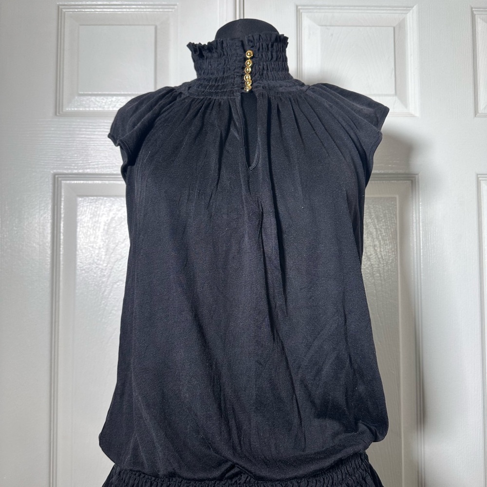 Blue Smocked Sleeveless Blouse with Mandarin Collar